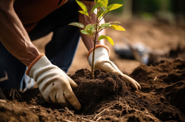 tree planter in gloves planting .